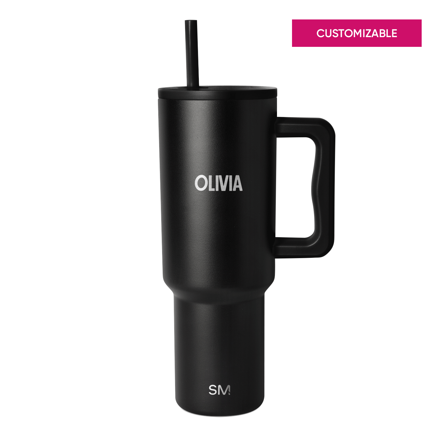Matte black Trek Tumbler with handle and black straw lid, personalized with "OLIVIA" in white text, SM logo, and a magenta "CUSTOMIZABLE" banner on white background.